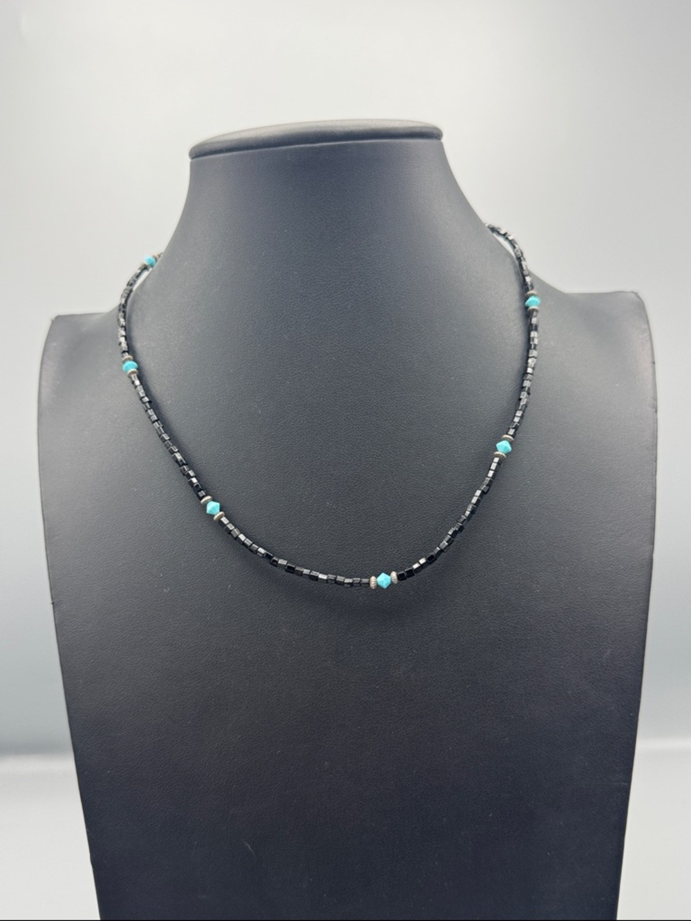 Sterling Silver Minimal Black and Turquoise Beaded Necklace